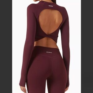 Adanola Ultimate Twist Back Long Sleeve Active Crop Top in Dark Cherry
